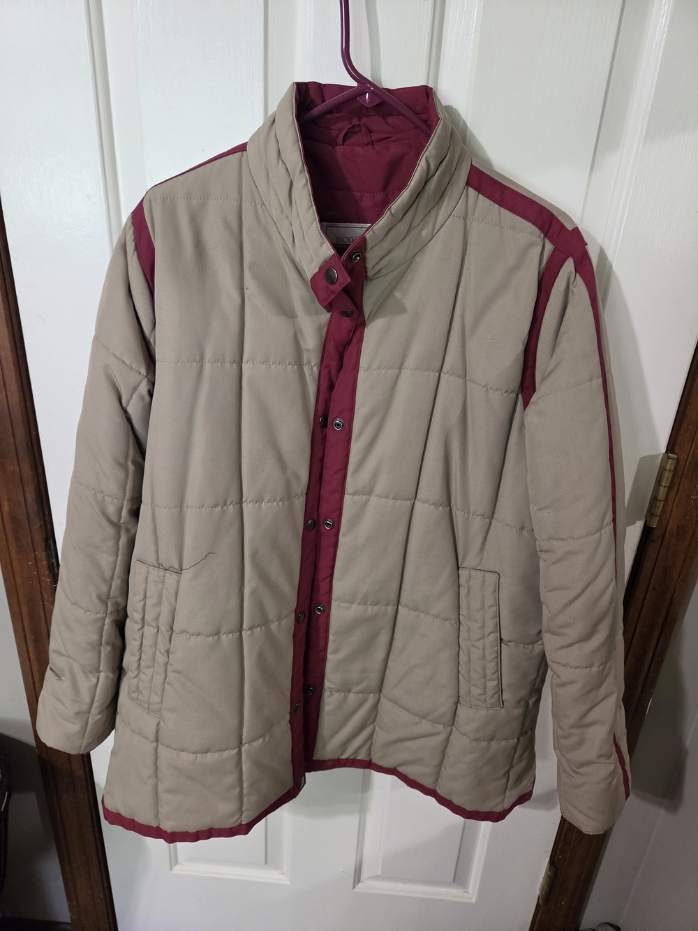 monette Two-Tone Quilted Puffer Jacket - Beige with Burgundy Trim NWOT
